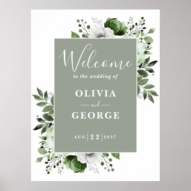 Sage Green Botanical Floral Wedding Willkommenszei Poster (Vorne)