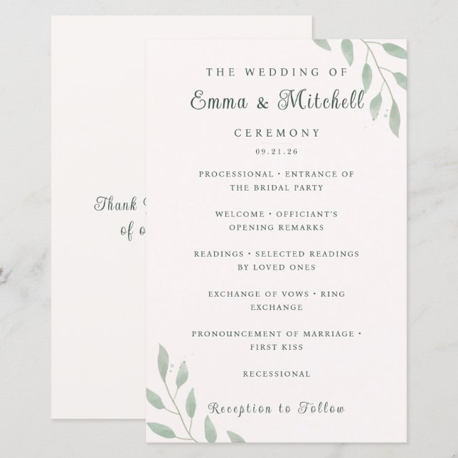 Sage Green Botanical Minimal Wedding Program Card (Vorne/Hinten)
