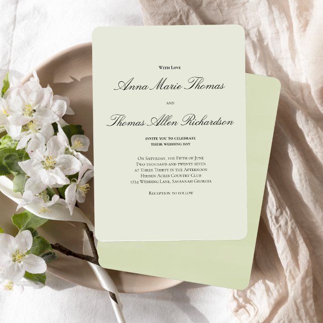 Sage Green Botanical Modern Script Wedding Einladung (Elegant sage green script invitation with soft, romantic minimalist design.)