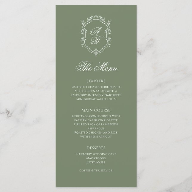 Sage Green Botanical Monogram Wappen Wedding Menükarte (Vorderseite)