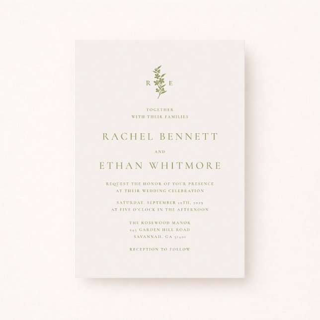 Sage Green Botanical Monogram Wedding Invitation Ankündigung (Von Creator hochgeladen)
