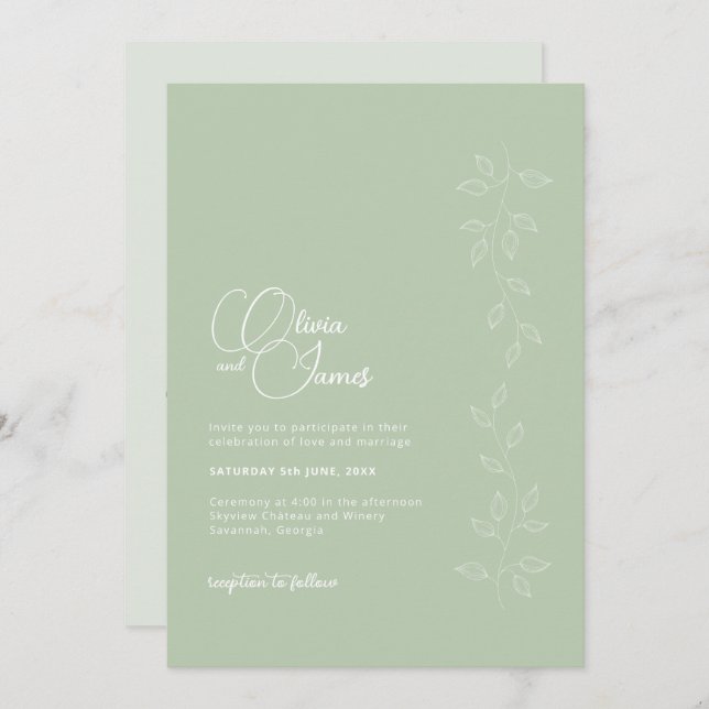 Sage Green Botanical QR Code Hochzeit Einladung (Vorne/Hinten)