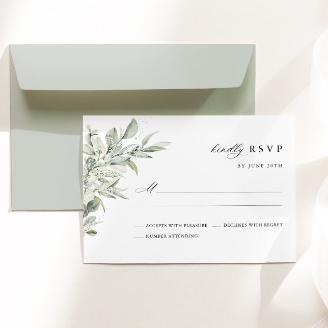 Sage Green Botanical Watercolor Elegant Wedding RSVP Karte (Sage green botanical watercolor wedding RSVP card, minimalist elegant modern classic stationery.)