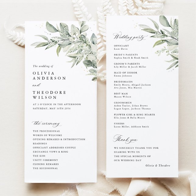 Sage Green Botanical Watercolor Wedding Ceremony Programm (Sage green botanical watercolor wedding program ceremony card, modern classic greenery stationery)