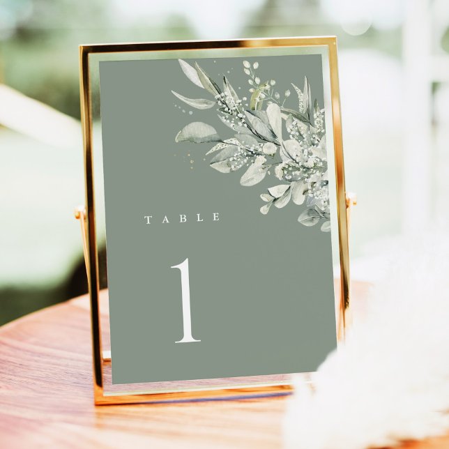 Sage Green Botanical Wedding Table Number Card Tischnummer (Sage green botanical wedding table number card, elegant greenery design, modern reception decor)