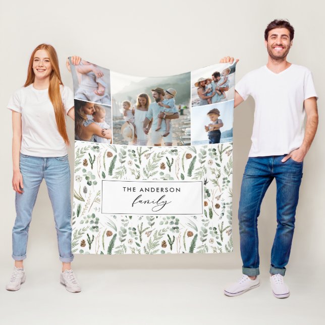 Sage green botanisch elegante moderne Familie 5 Fo Fleecedecke (Beispiel)