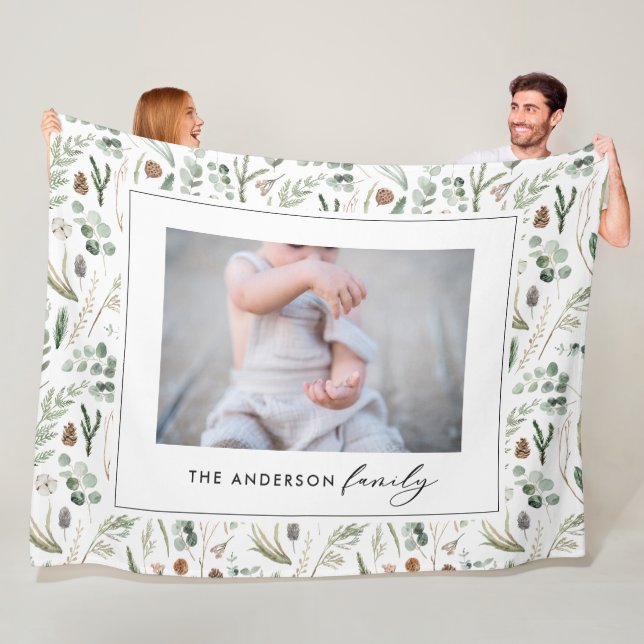 Sage green botanisch elegante moderne Familie Foto Fleecedecke (Beispiel)