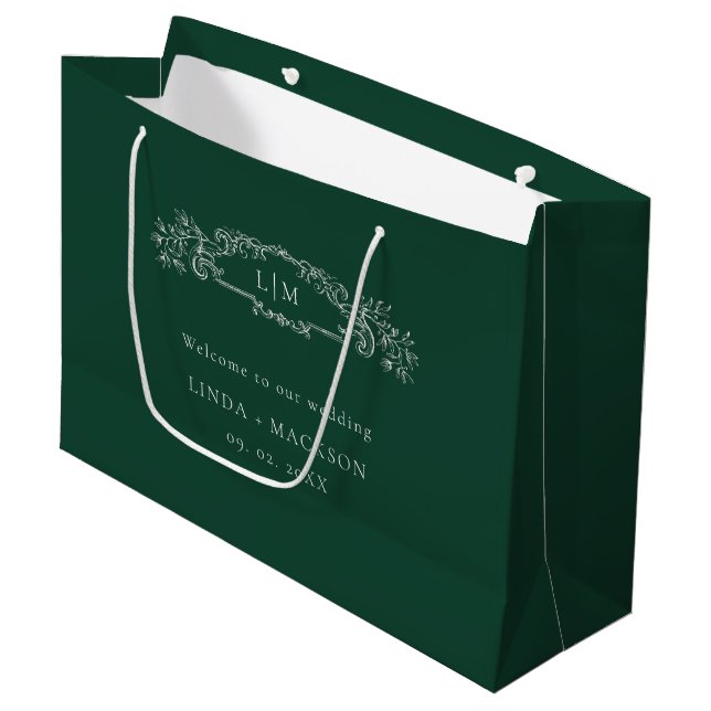 Sage Green botanisches Wappen Monogramm Hochzeit Große Geschenktüte (Vorderseite Schrägansicht)