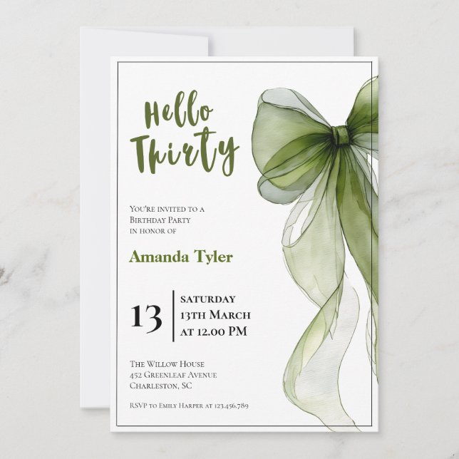 Sage Green Bow 30th Birthday Invitation (Devant)