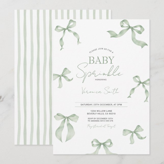 Sage Green Bow Baby Sprinkle Invitation Einladung (Vorne/Hinten)