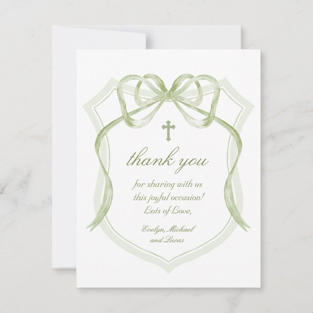 Sage Green Bow Crest Baptism Carte de remerciement (Dos)