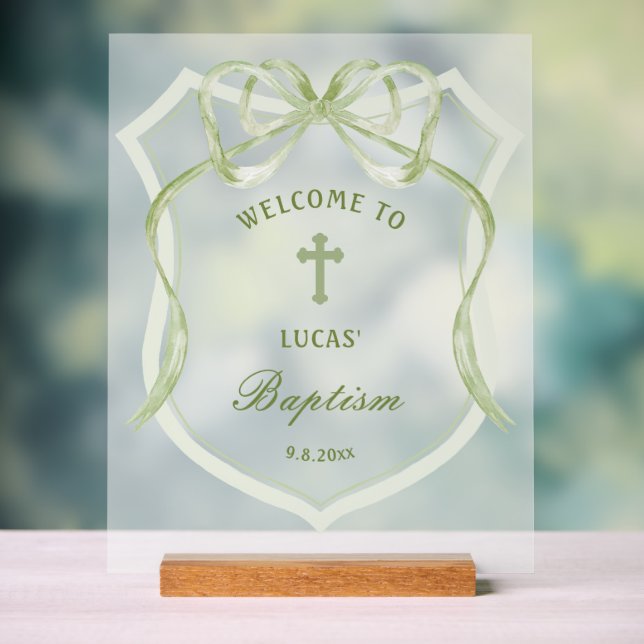 Sage Green Bow Crest Baptisme Bienvenue (Neutre)