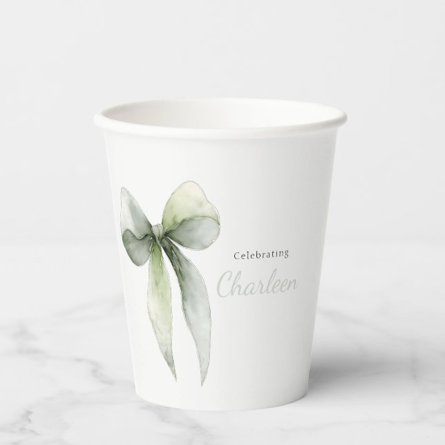 Sage Green Bow Gingham Baby Shower Pappbecher (Vorderseite)