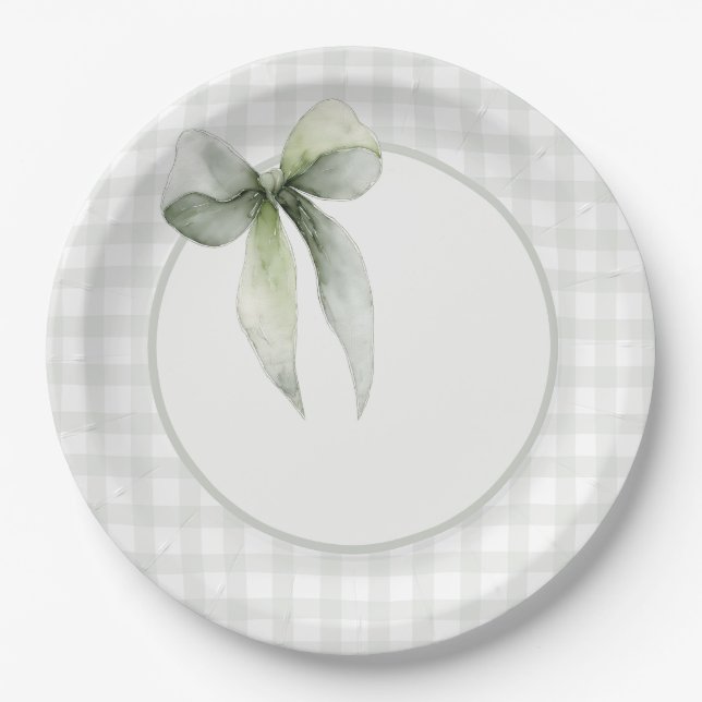 Sage Green Bow Gingham Baby Shower Pappteller (Vorderseite)