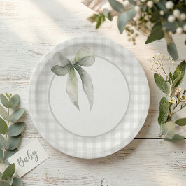 Sage Green Bow Gingham Baby Shower Pappteller