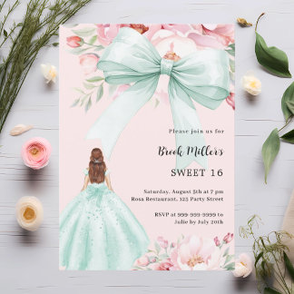 Sage green bow pink florals Kleid Sweet 16 Einladung