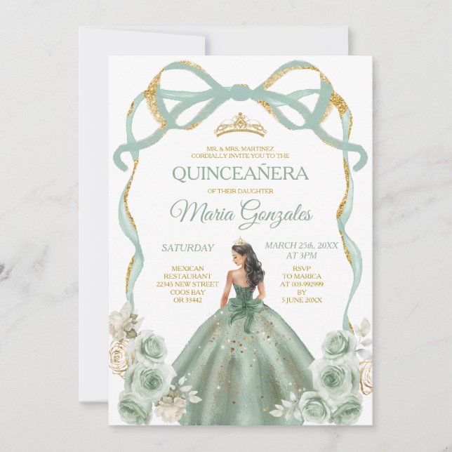 Sage Green Bow Princess Gold Crown Quinceañera Einladung (Vorderseite)