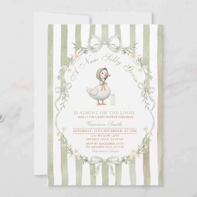 Sage Green Bow Silly Goose Baby SHOWER Invitation (Devant)