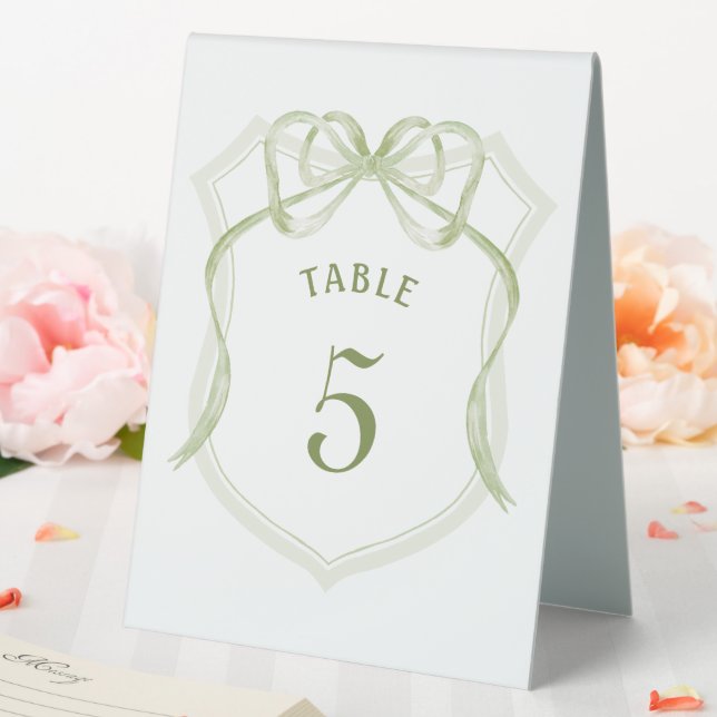 Sage Green Bow Wappen Tischnummer Signieren Tischaufsteller (In Situ (Hochzeit))