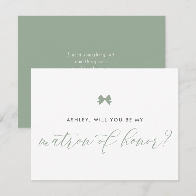 Sage Green Bow wirst du meine Ehrenkarte sein Postkarte (Vorne/Hinten)