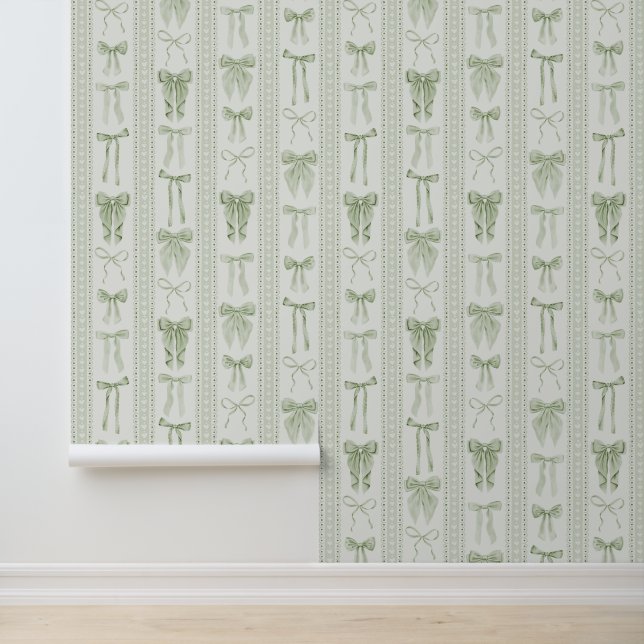 Sage Green Bows and Lace in Vertical Stripes Tapete (Anwendung)