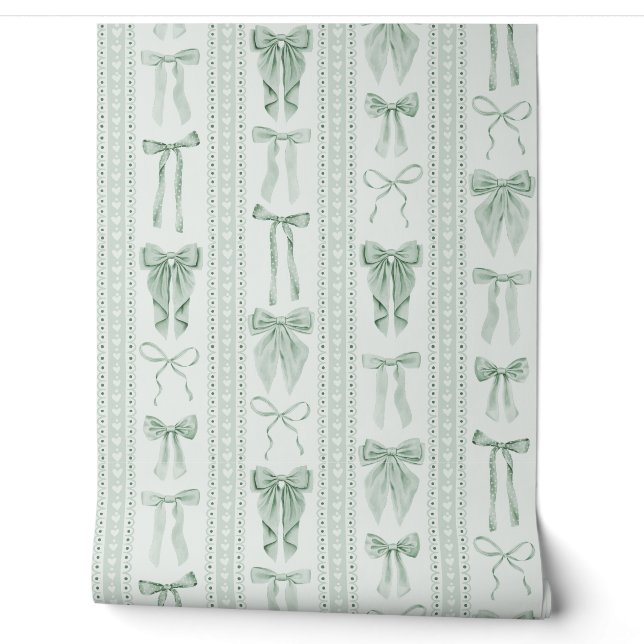 Sage Green Bows and Lace Vertical Stripes Tapete (Abrollen)