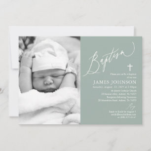 Sage Green Boy Baptism Foto Einladung