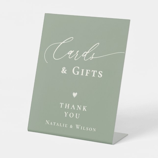Sage Green Brautparty Script Cards und Geschenke Sockelschild (Vorderseite)