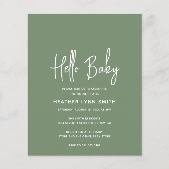 Sage Green Budget Hallo Baby Dusche Einladung (Vorderseite)
