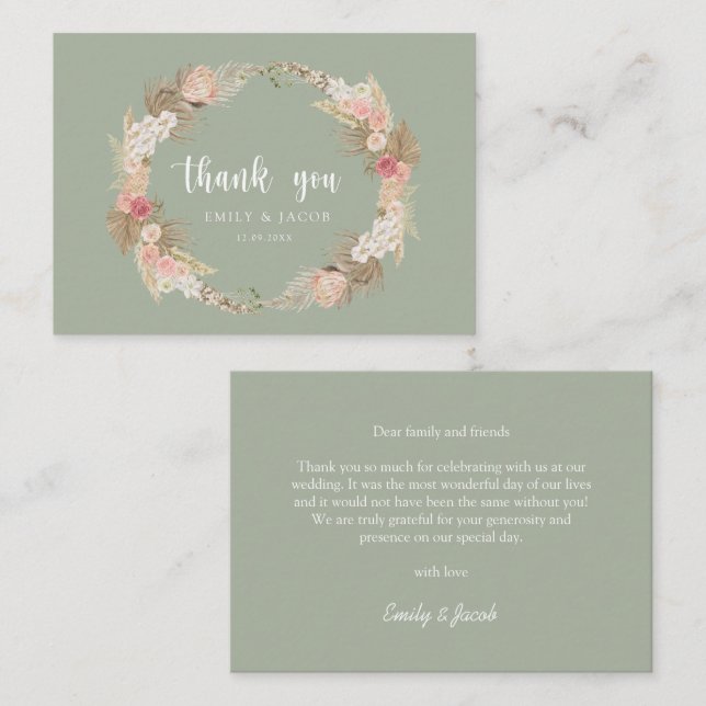 Sage Green Budget Hochzeit Boho Kranz danke Ihnen Mitteilungskarte (Vorne/Hinten)