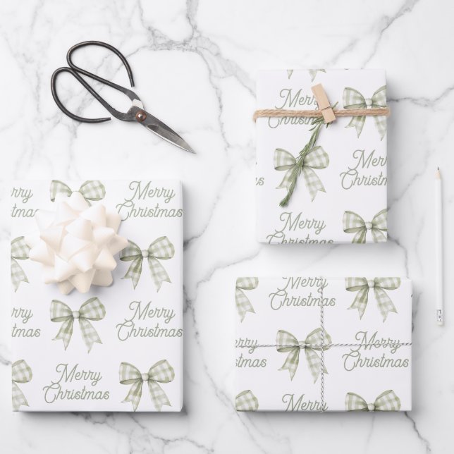 Sage Green Buffalo Kariert Bow Frohe Weihnachten Geschenkpapier Set (Vorderseite)