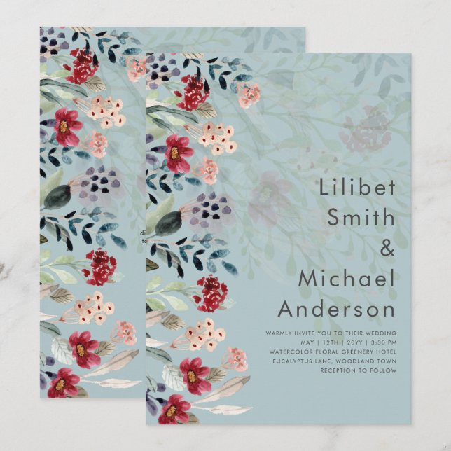 Sage Green Burgundy Blue Floral Wedding Einladung (Vorne/Hinten)