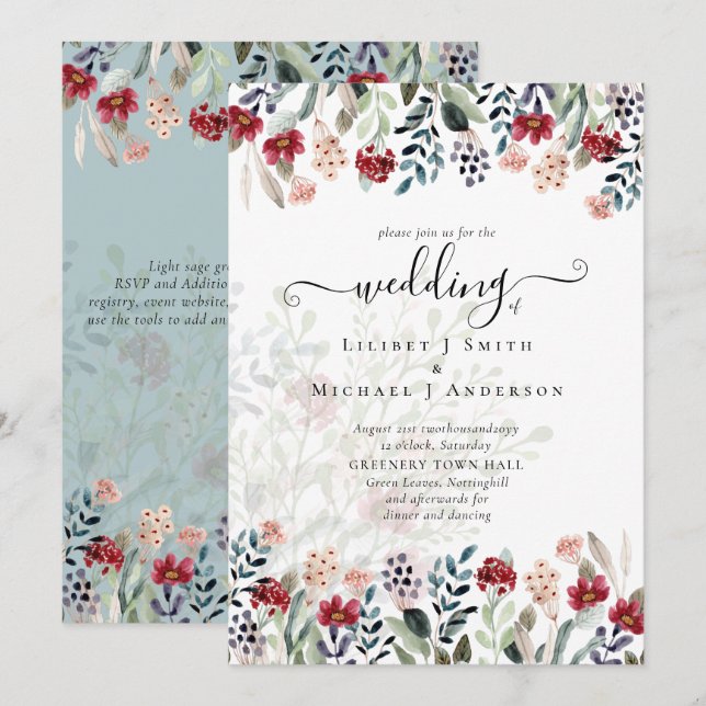 Sage Green Burgundy Blue Floral Wedding Einladung (Vorne/Hinten)