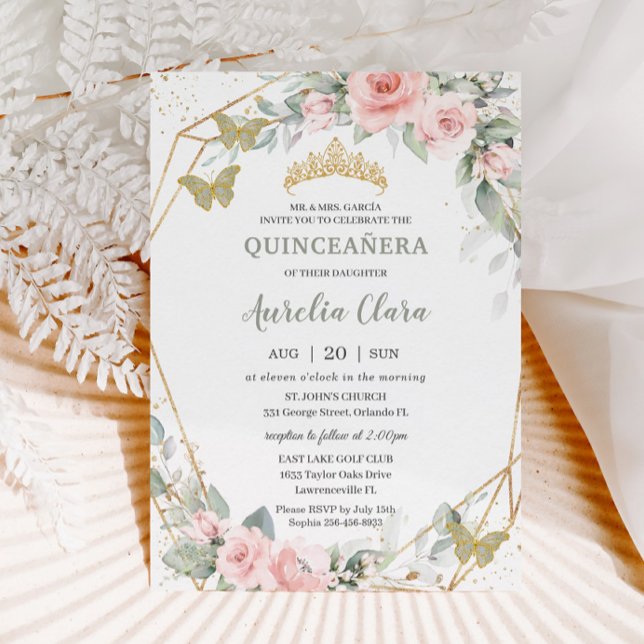 Sage Green Butterfells Pink Floral Quinceñera Einladung (Von Creator hochgeladen)