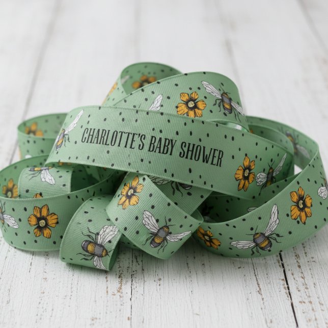 Sage Green Buzzing Bienen Danke Baby Dusche Ripsband (Sweet as Can Bee Baby Shower Ribbon. Bees, Flowers & Polka Dots Pattern for Mommy to Be or Birthday)