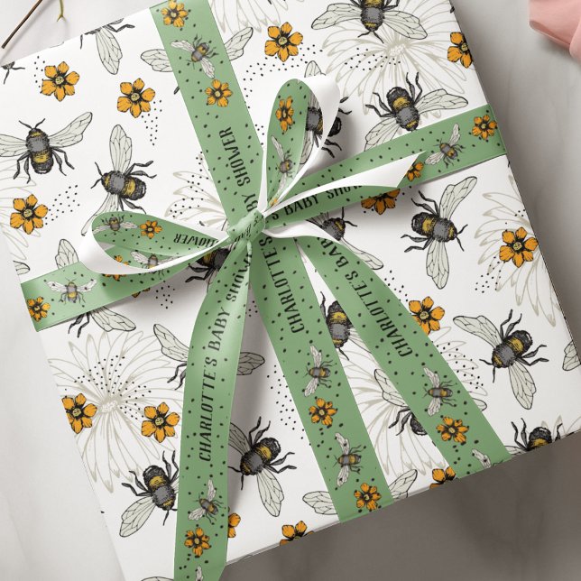 Sage Green Buzzing Bienen Danke Baby Dusche Ripsband (Sage Green bees and cosmos flowers with custom text for the occasion. Comes in 1.5" and 3" width :)))