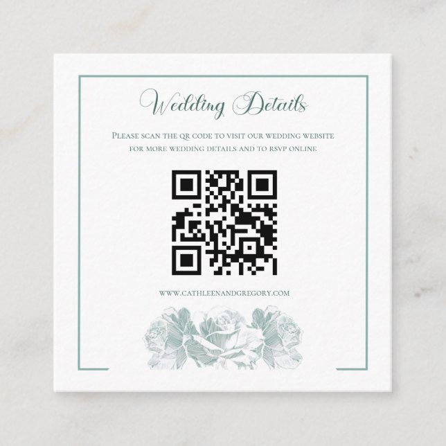 Sage Green Calligraphy QR Code Wedding Begleitkarte (Vorderseite)