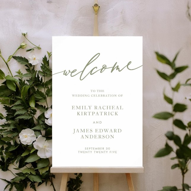 Sage Green Calligraphy Simple Wedding Willkommen Poster (Von Creator hochgeladen)