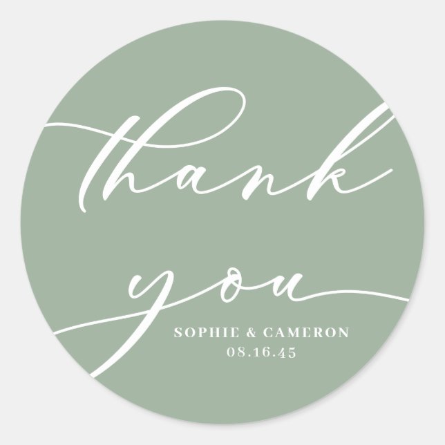 Sage Green Calligraphy Wedding Danke Runder Aufkleber (Vorderseite)