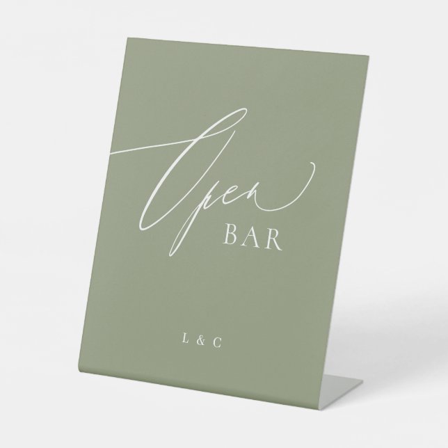 Sage Green Calligraphy Wedding Open Bar Sockelschild (Vorderseite)