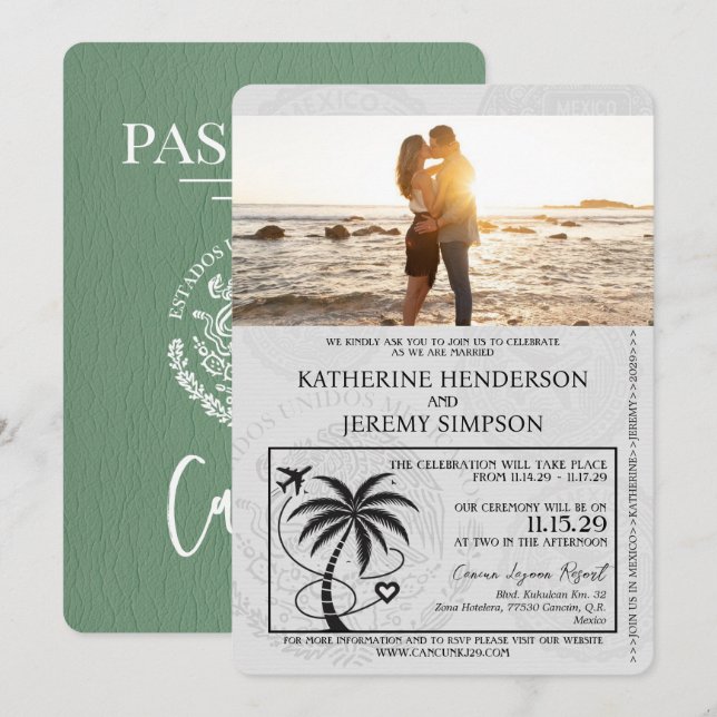 Sage Green Cancun Pass Hochzeit Einladung (Vorne/Hinten)