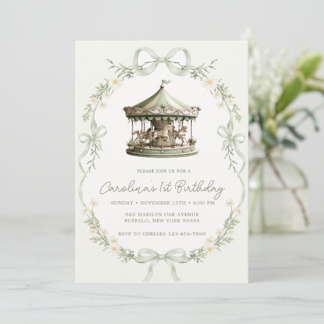 Sage Green Carousel Merry-go-round Birthday Einladung (Stehend Vorderseite)