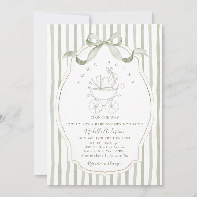 Sage Green Carriage Bunny Baby Shower Invitation Einladung (Vorderseite)