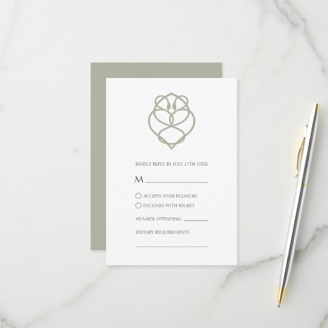 Sage Green Celtic Irish Swan Liebe Knot Wedding RSVP Karte (Vorderseite/Rückseite Beispiel)
