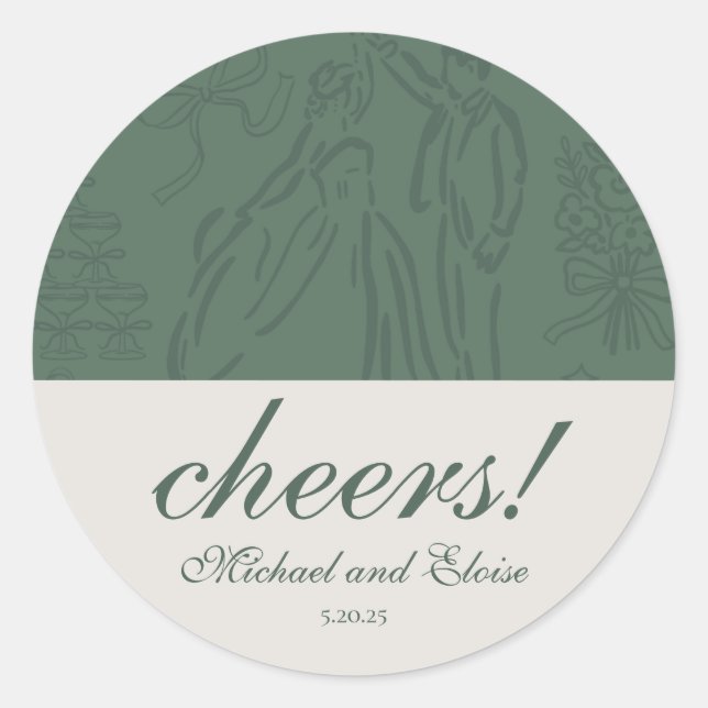 Sage Green Cheers Elegante Personalisiert Hochzeit Runder Aufkleber (Vorderseite)