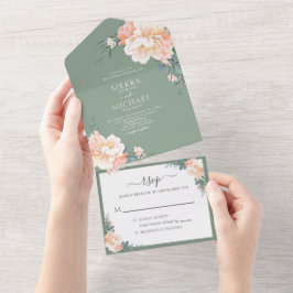 Sage Green Chic Blush Peach Floral Boho Hochzeit All In One Einladung