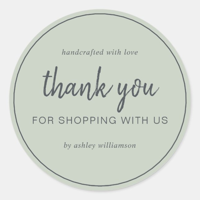 Sage Green Chic Script Thank You For Shopping Runder Aufkleber (Vorderseite)