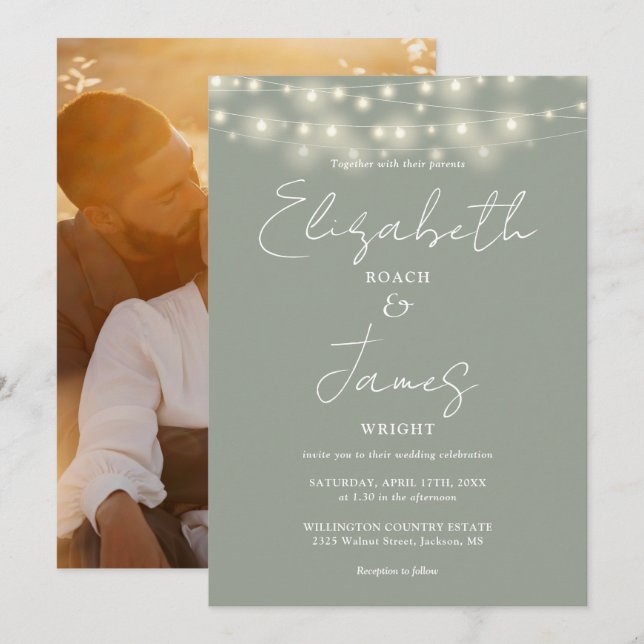 Sage Green Chic String Lights Script Foto Hochzeit Einladung (Vorne/Hinten)