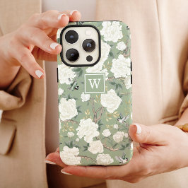 Sage Green Chinoiserie Bird Peony Garden Monogram Case-Mate iPhone Hülle