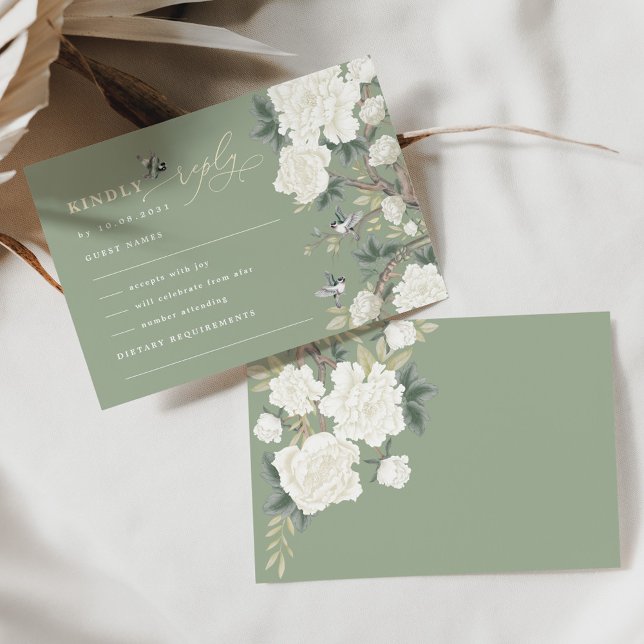 Sage Green Chinoiserie Bird Peony Wedding RSVP Karte (Von Creator hochgeladen)